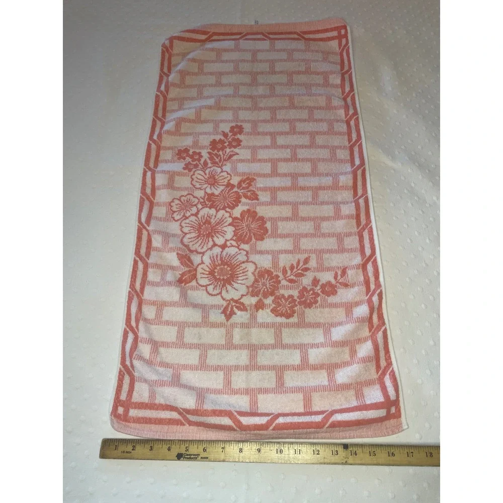 Vintage West Germany 100% Cotton Hand Towel Coral Pink Floral Brick Pattern 33
